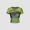 2024 Europeu e Americano Street Mesh Crewneck Manga Curta Casual Feminino All-match Top Ins Niche Design Sense Tie-dye T-shirt