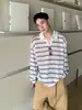 Camiseta Listrada de Manga Longa com Decote V Pequeno, Estilo Coreano, Preguiçosa e Relaxada, para Homem 2026 Casual Solta Versátil Malha Fina