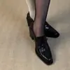 Versão em pele de ovelha~Sapatos de couro com fivela estilo britânico para mulheres, mocassins de calçar com salto grosso, bico fino de salto alto para o dia a dia