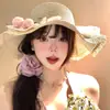Sombrero de Paja con Borde de Encaje de Tul para Mujer, Estilo Verano, Playa, Vacaciones, Sombrero de Protección Solar, Sombrero de Sol de Ala Ancha