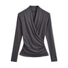 Camiseta feminina estilo coreano com decote em V puro e manga comprida, elegante, outono e inverno, cintura justa, base interna, design-senso, top emagrecedor