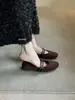 Sapatos Mary Jane Nicho Color-Blocking Retrô Francês para Mulheres, Novo Estilo 2025 Boca Rasa Sapatilhas Estilo Chanel para Noite