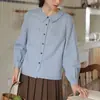 Camisa de Algodón a Rayas Azules Nesolum Sea Salt de Manga Larga para Mujer, Top Elegante Retro Francés de Otoño con Cuello Peter Pan