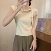 Chique e Elegante Verão Decote Quadrado Francês Design Lace-Up Tricô Manga Curta T-Shirt Sexy Top Curto Fino A3893