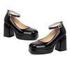 Tallas 34-43 Color Sólido Charol Tacón Cuadrado Zapatos con Hebilla Moda Femenina Transfronteriza Tacón Ultra Alto Charol Talla Grande Zapatos para Mujer