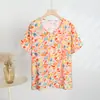 Camiseta de Manga Corta con Cuello en V y Estampado Floral de Algodón y Seda, Nueva de Verano 2025, Suelta Casual para Casa