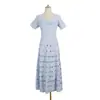 Vestido de Tricô Desgastado com Renda Vazada Francês para Mulheres, Decote Quadrado, Busto Torcido, Cintura Marcada, Estilo de Férias, Manga Curta, Vestido Longo, Barra Larga