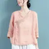 Nueva Camisa de Algodón y Lino Bordada para Mujer Primavera/Verano 2023, Cuello Diagonal Retro Estilo Chino, Top Delgado Casual Artístico Holgado