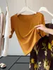 Camiseta de Verano Nueva Retro Sedosa de Cuello en U Ancho de Manga Corta Fina para Mujer, Top Básico Versátil de Color Sólido A12717