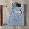 Jeans Masculino de Sarja Lavada Ultra Fino Respirável Tencel Cor Azul Claro Verão Elástico Cintura Média-Alta Corte Reto para Negócios