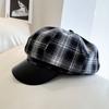 Gorra Newsboy a Cuadros Color-Block Estilo Chanel para Mujer, Gorra de Béisbol Cálida para Otoño e Invierno con Visera de Piel Sintética, Versátil Sombrero de Equitación