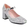 Zapatos individuales zapatos cabeza redonda gruesos casuales hebilla nuevo comercio exterior Mary Jane zapatos de mujer tacón alto zapatos brogue lentejuelas escenario