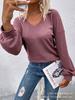 Producto Nuevo Transfronterizo para Sitios Web Independientes Primavera/Verano 2025: Camiseta de punto gofrado con cuello en V y manga larga para mujer, informal, versátil, manga de farol