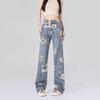Pantalones vaqueros con letras personalizadas de estilo Hong Kong para hombre, de verano 2024, estilo hip-hop, modernos y de calle.