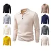 Suéter Masculino de Tricô com Listras Verticais e Gola Polo para Outono, Pulôver Casual de Manga Longa, Suéter Henley Liso