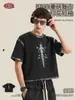Camiseta Boxy Curta Larga de Manga Curta com Estampa de Tinta Desgastada para Homens, Marca Americana Retro Tendência Estilo Wasteland, para o Verão.