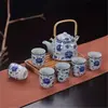 Conjunto de Chá Jogo Bule Grande Porcelana Azul e Branca Bule com Alça de 7 Cabeças Cerâmica Peônia Chinês Retrô Atacado Xícara de Chá Doméstica