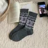 Meias de Lã Cinza Fair Isle para Mulheres Meia de Cano Médio Outono e Inverno Forradas com Fleece Engrossadas Quentes Fofas Desenho Animado Meias de Inverno