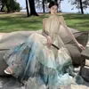 Vestido Estampado Estilo Novo Chinês Nacional de Verão, Vestido Longo com Decote Halter, Saia Evasê para Férias, Vestido para Fotos de Viagem