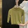 Roupa Base para Meninas Primavera e Outono Bebê Estilosa Infantil Personalizada Tendência Estilo Coreano Cor Sólida Gola Alta Barra com Babados Camiseta Top