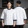Novo uniforme de chef com mangas três quartos, botões duplos, manga longa, color block, feito sob medida para homens em cozinhas de restaurante