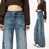 Jeans de Campana Anchos Elásticos de Ajuste Holgado Estilo Americano Resistentes Arrugados con Bigotes Pantalones Largos Cómodos para Mujer