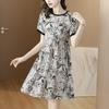 Vestido estampado estilo chinês Feminino Verão 2023 Novo Simples Moda Elegante Gola Redonda Aparência Magra Saia
