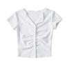 Camiseta de Manga Corta con Cuello en V Estilo Europeo y Americano, Plisada, Ajustada, para Mujer, Verano, Nuevo Estilo, Spice Girls, Color Sólido, Top Cárdigan de Solapa Corta