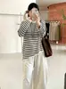 Top de punto a rayas holgado sin hombros para mujer de talla grande, diseño de otoño 2026 con cordón para mujer de talla grande