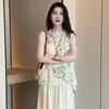 Novo conjunto de moda estilo chinês coleção de verão 2026: conjunto de duas peças: camisa bordada sem mangas + calça pantalona