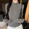 Chaqueta de moda con cremallera, cuello alto a rayas estilo retro coreano 1225 para mujer, otoño e invierno, ajuste ceñido, elegante top de manga larga