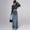 Jeans Reta Estreita Forrado com Lã Feminino Outono e Inverno Cintura Alta Para Figura Tipo Pera Cobre o Quadril Cinza Pequeno Preto Calças de Perna Larga