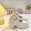 Sapatos de Salto Alto Plataforma Pérola Francesa Laço Pequeno Couro Feminino 2026 Novo Salto Grosso Baixo Bico Redondo Sapatos Mary Jane