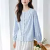 Camisa Algodón Cocoon Azul Claro para Mujer Manga Corta 2026 Verano Nuevo Estilo Cuello Redondo Holgado Top Manga de Farol Camisa de Algodón Puro
