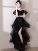 Vestido Negro de Malla con Lentejuelas Estilo Socialité Francesa Hermana Real Verano Diseño de Nicho Vestido de Banquete Falda Larga