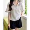 Camisa Polo Estilo Chanel Camiseta de Manga Curta Feminina Verão Gola Lapela Estilo Francês Estilo Suave Zíper Solta Versátil Top de Meia Manga