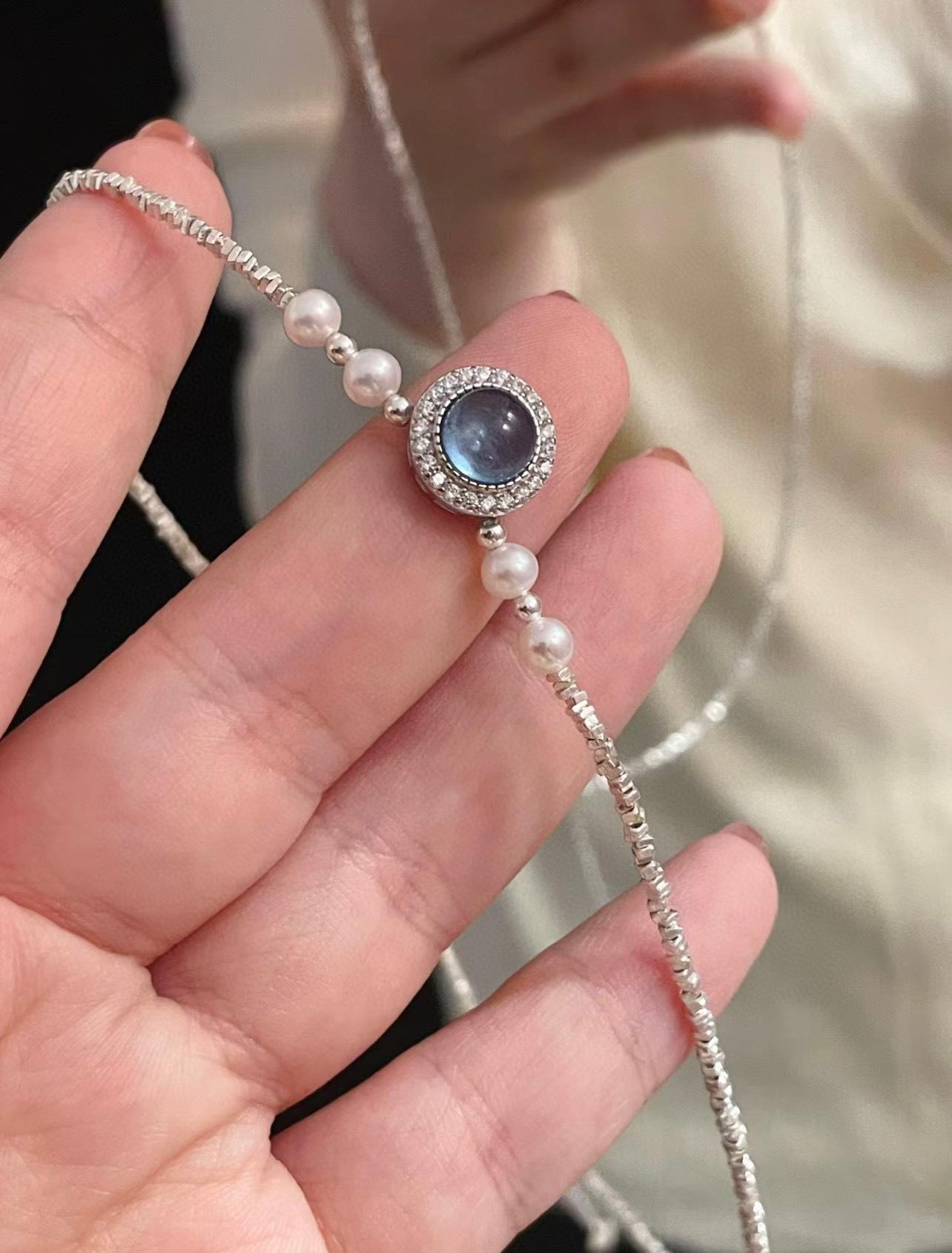 s925纯银碎银子海蓝宝吊坠锁骨链手工编织天然淡水