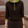 Camiseta de manga larga con capucha y media cremallera de terciopelo alemán doble cara para otoño e invierno, juvenil y versátil, capa base con forro polar, top pequeño de color contrastante, sudadera para mujer