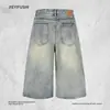 Jeans Cropped Reto Rasgado de Verão para Homens, Lavagem Vintage e Desgastado, Shorts Largos Tendência Street Style Hip-Hop