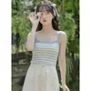 Camisola Francesa Dulce y Elegante para Mujer para Usar por Dentro y por Fuera en Verano, Diseño de Top sin Mangas Rayado Azul y Blanco