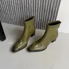 Botines Cortos para Mujer 2026 Otoño/Invierno Nuevos Elegantes Verdes que Iluminan la Piel Punta Cuadrada Cremallera Trasera Botas de Moda Piel Genuina Tacón Alto Botas Adelgazantes