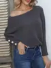 Suéter Tejido Pullover para Mujer Transfronterizo Europeo y Americano Otoño e Invierno Manga de Murciélago Botón de Perla Cuello de Una Línea Suéter Holgado para Mujer