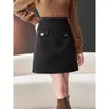 Falda Elegante de Seda Negra Brillante Estilo Chanel de Cintura Alta Corte en A para Mujer Falda de Lana Otoño e Invierno
