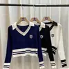 Suéter de punto de manga larga con cuello patchwork estilo americano para mujer, nueva moda de otoño, jersey corto retro ajustado