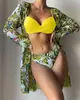 Amazon 2024 Nuevo Traje de Baño Transfronterizo Bikini Playa Protector Solar Blusa Conjunto de Tres Piezas de Baño Europeo y Americano