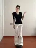 210 gramas de algodão 40 fio 1*1 preto gola U feminina T-shirt slim temperamento base de camisa manga curta jaqueta de ombro
