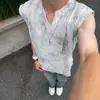 Colete Sem Manga Gola V Tie-Dye Estilo Americano para Homens, Camiseta Fina de Verão Secagem Rápida Fresca com Design Estiloso, Regata de Seda Gelo