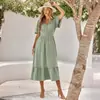 EBay Independent Station 2023 Casual Mulheres Europeias e Americanas Verão Novo Decote em V Manga Folha de Lótus Cor Sólida Vestido Feminino