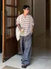 Camiseta Henley de Rayas Retro Americana de Manga Larga para Hombre Otoño Nuevo Transpirable Cuello en V Camisa Polo Camisa de Punto para Capas