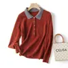 Suéter de Punto de Lana 100% Suave y Amigable con la Piel para Mujer, Manga Larga, Cuello con Solapa, Media Apertura con Botones, Bolsillo Único, Bloques de Color de Moda, Invierno